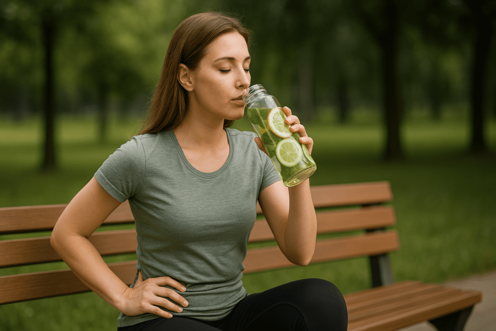 A young woman with light skin and shoulder-length hair sits peacefully on a wooden bench outdoors, sipping detox water from a clear glass bottle. The refreshing drink contains lemon, cucumber, and mint, and the soft sunlight filters through the surrounding trees, highlighting her calm demeanor and the healthful benefits of detox water for weight loss.