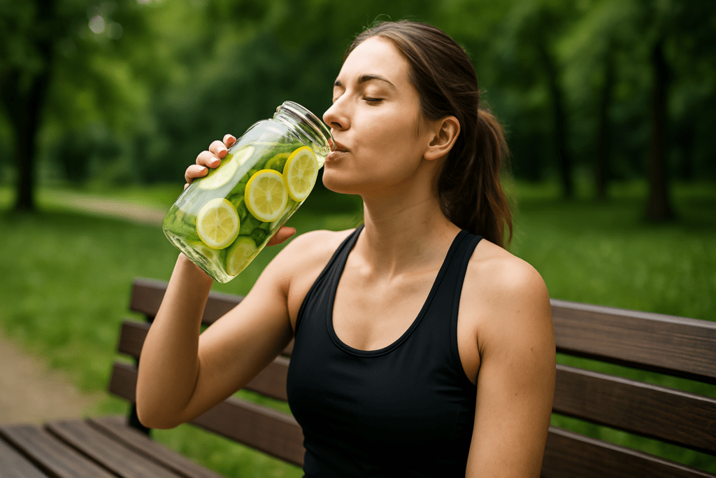 A young woman with fair skin and light brown hair tied in a ponytail sits on a weathered wooden bench in a park, sipping detox water filled with cucumber, lemon, and mint. The soft morning sunlight bathes the scene, with green trees and a winding path blurred in the background, creating a peaceful, refreshing atmosphere.