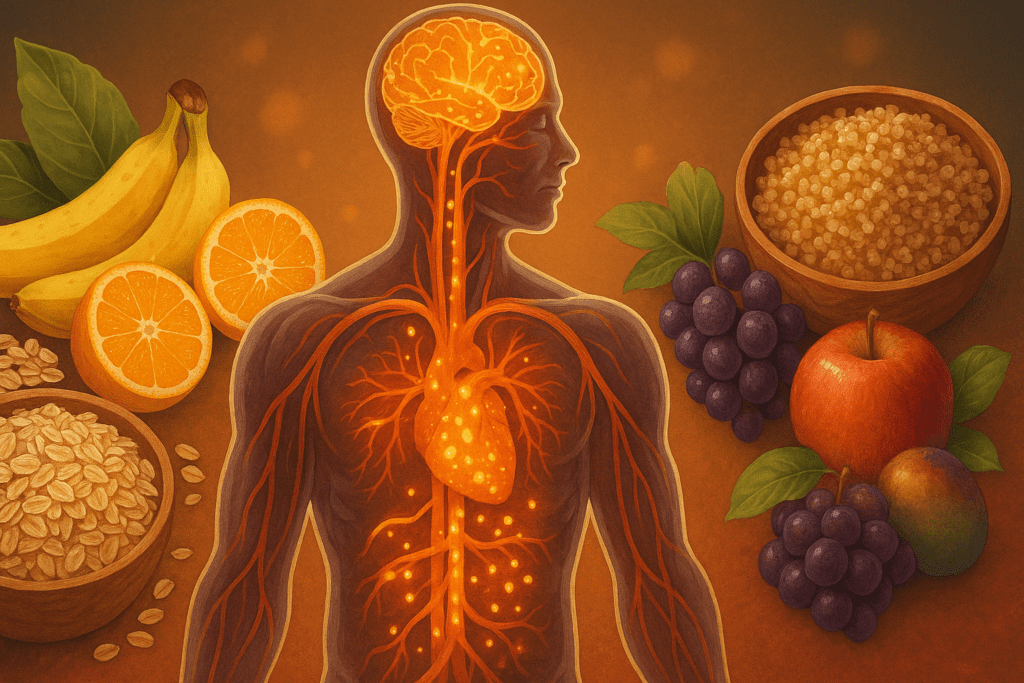 Human body glowing with energy as glucose flows through bloodstream, highlighting what happens if carbohydrate is not around to fuel brain, muscles, and red blood cells.