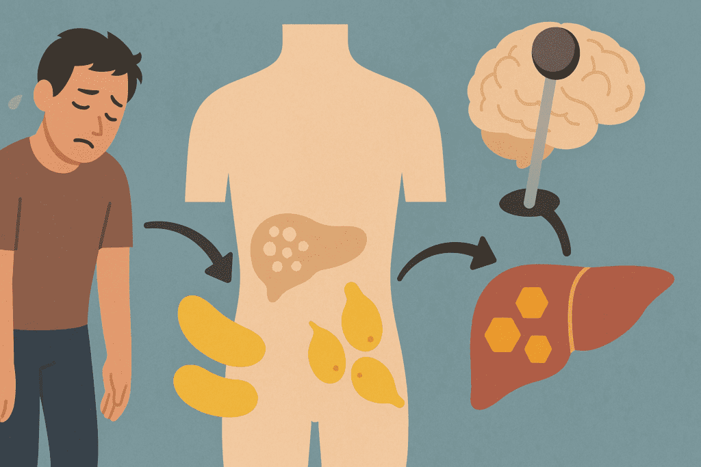 Visual representation of what happens if carbohydrate is not around, showing glycogen depletion, fat conversion in the liver, and brain adapting to ketones.
