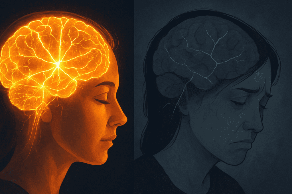 Side-by-side concept of brain on glucose versus ketones illustrating what happens if carbohydrate is not around, with vibrant neural activity on the left and brain fog with sadness on the right