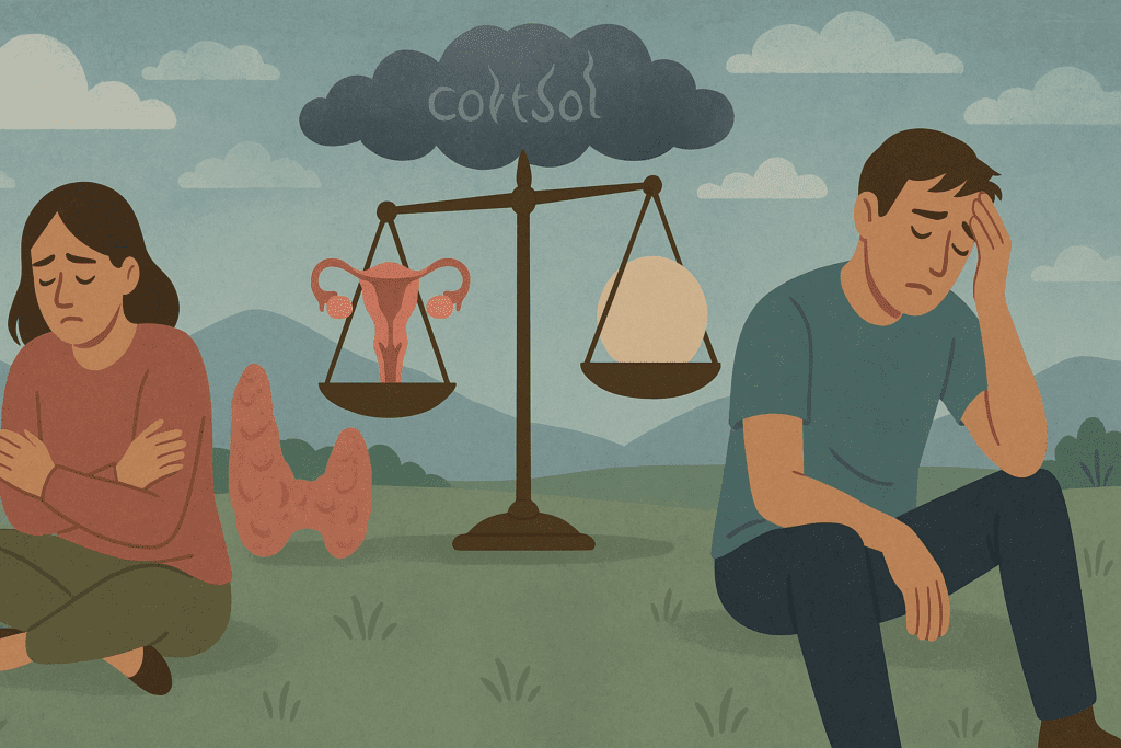 Symbolic landscape showing what happens if carbohydrate is not around, with imbalanced hormone scales, a sluggish thyroid, cortisol clouds, and fatigued man and woman.