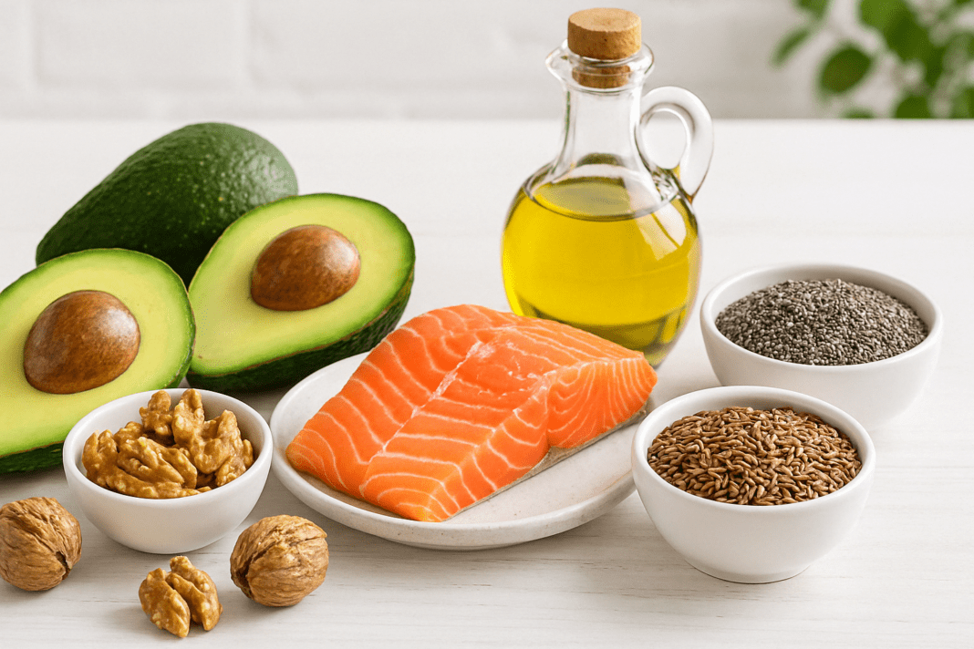 Healthy food sources that help prevent deficiency of fats, including avocado, salmon, walnuts, olive oil, chia seeds, and flaxseeds on a kitchen table.