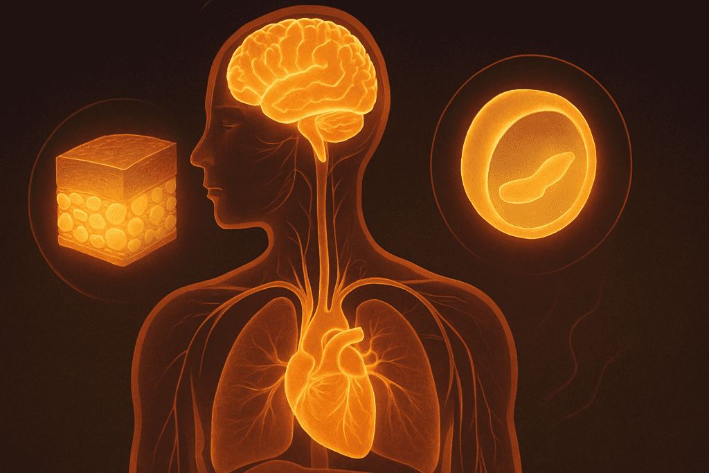 Anatomical cross-section of a human body showing brain, heart, skin, and cells affected by deficiency of fats, with glowing highlights symbolizing internal imbalance.