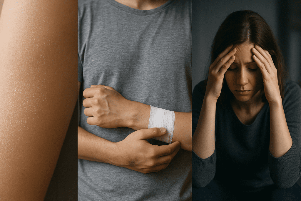 Dry, flaky skin, easy bruising with a bandaged wound, and a fatigued woman with mental fog—three symptoms of deficiency of fats illustrated visually.
