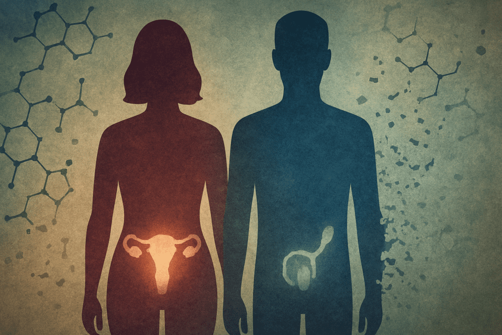 Abstract illustration symbolizing hormonal imbalance caused by a deficiency of fats, showing fading hormone molecules and dual-gender silhouettes with dim reproductive organs