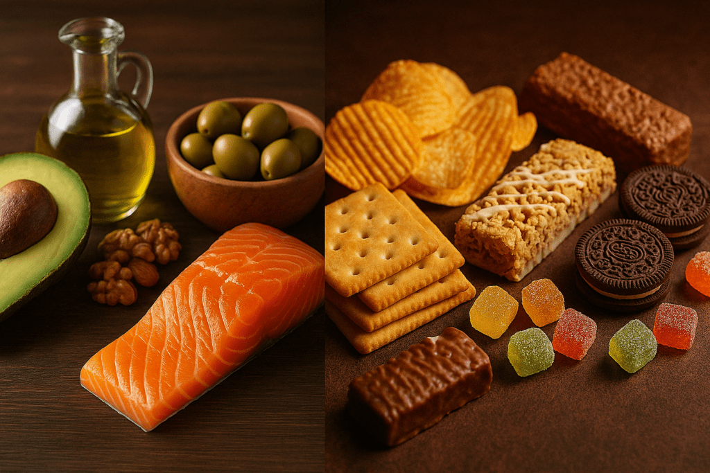 Visual comparison showing healthy fats like avocado, salmon, and olive oil beside processed low-fat snacks, highlighting the risks of a deficiency of fats in the diet