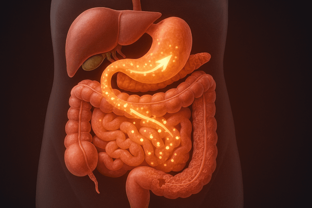 Medical illustration of the digestive tract showing how intestinal damage affects fat absorption, highlighting the deficiency of fats.