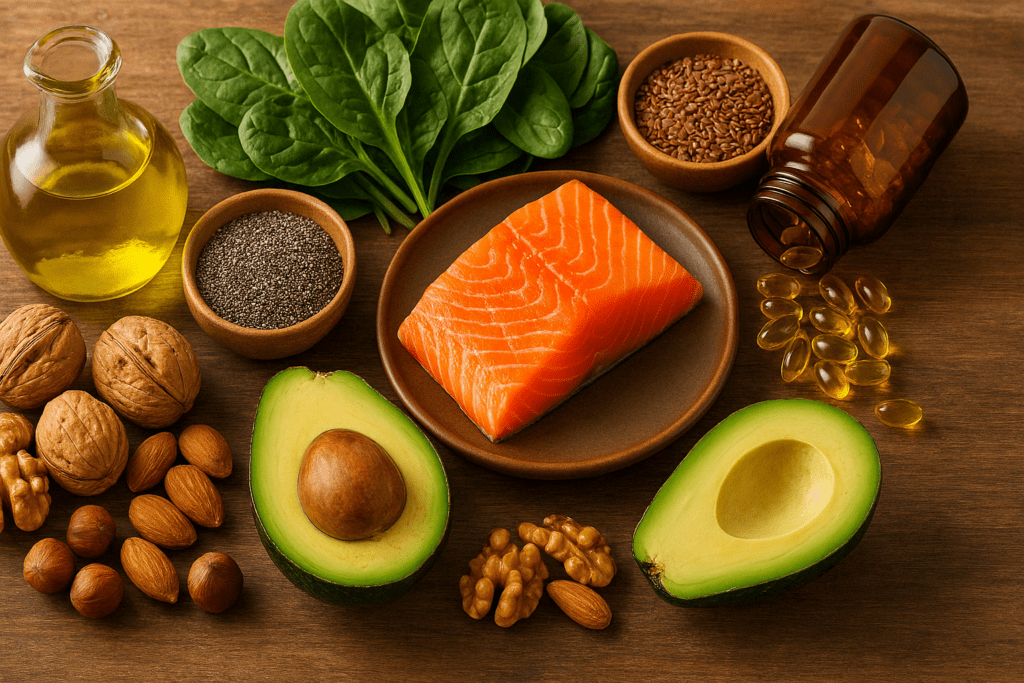 Healthy meal flat lay featuring salmon, avocado, nuts, chia seeds, flaxseed, olive oil, leafy greens, and omega-3 capsules to correct deficiency of fats.