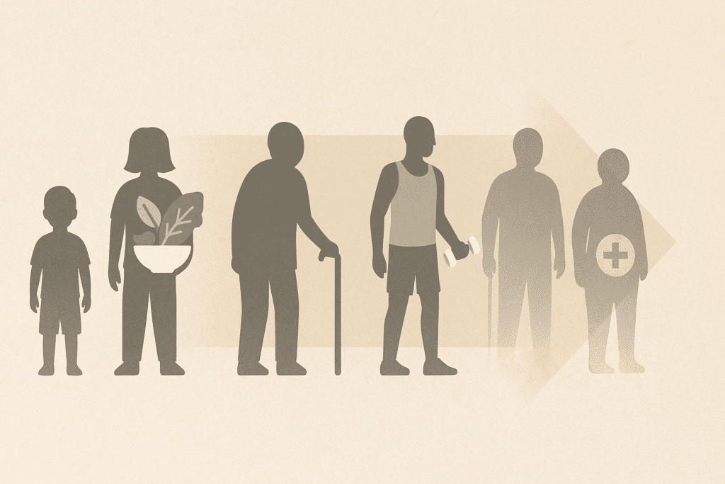 Diverse infographic showing child, vegetarian adult, senior with cane, athlete, and medical patient to represent populations at risk for deficiency of fats