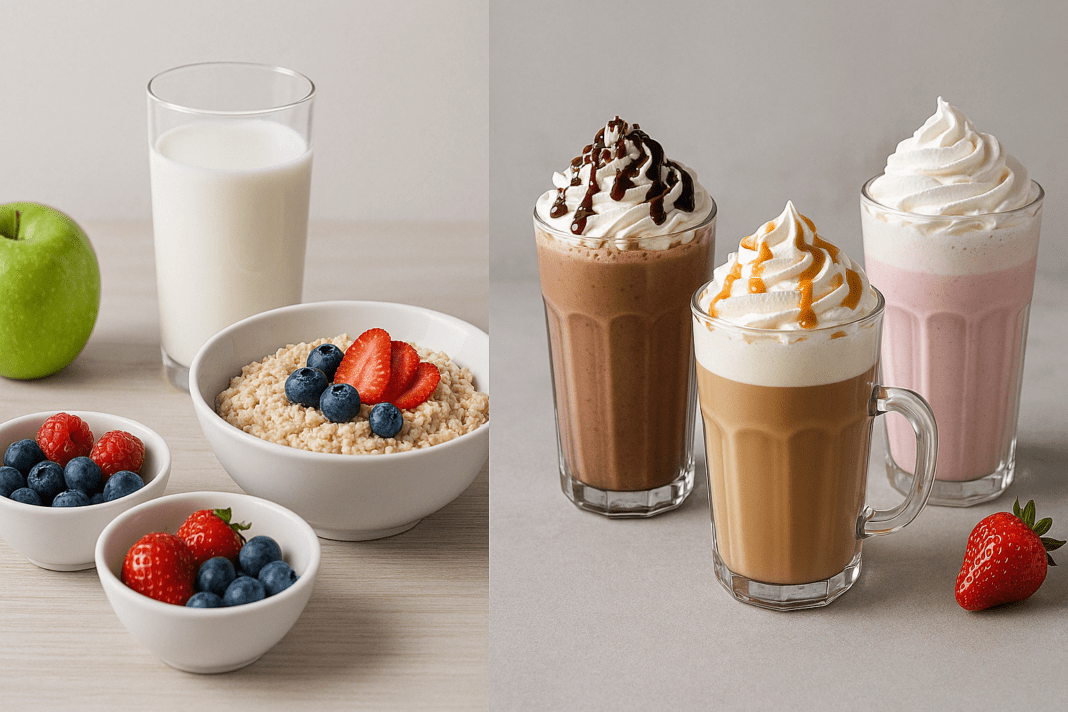 Split image showing healthy breakfast with milk, fruit, and oatmeal on one side, and indulgent milkshakes on the other, highlighting the debate: is milk good for weight loss.