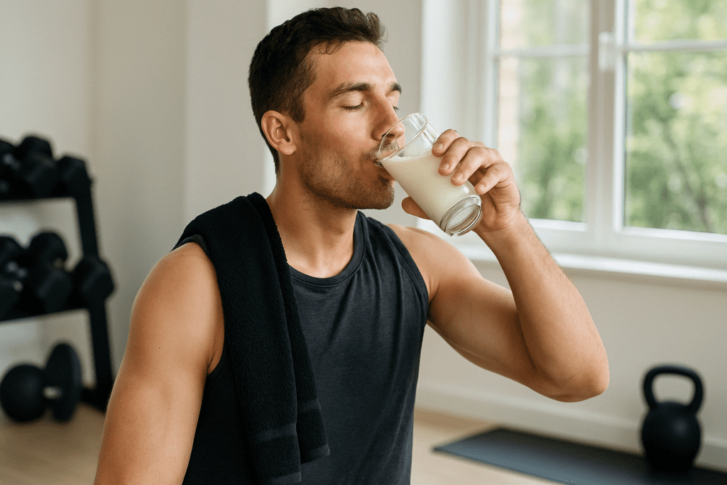 Fit man drinking milk after workout in a bright gym setting, suggesting recovery and asking is milk good for weight loss.