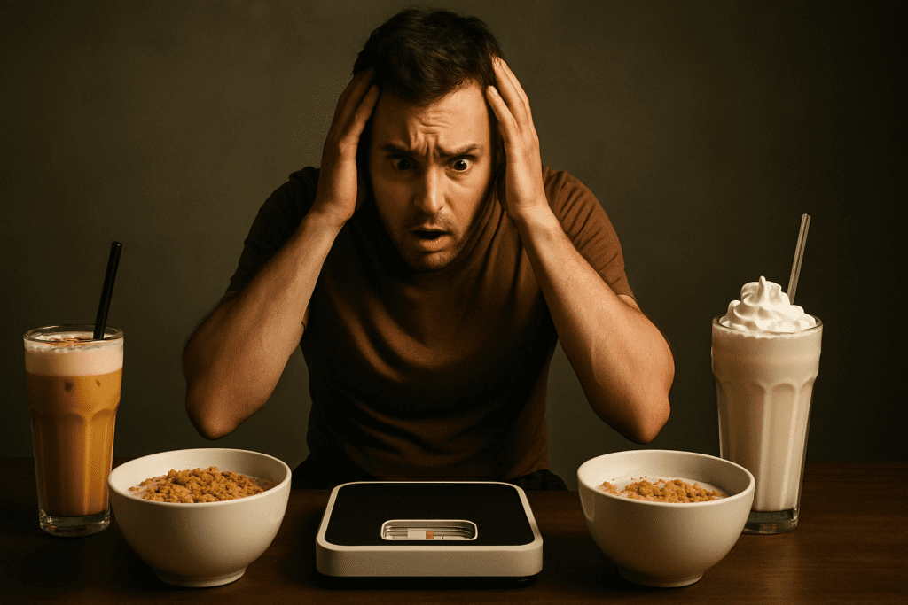 Man looking frustrated on a scale, surrounded by milk-based drinks like lattes, milkshakes, and cereal bowls—questioning is milk good for weight loss.