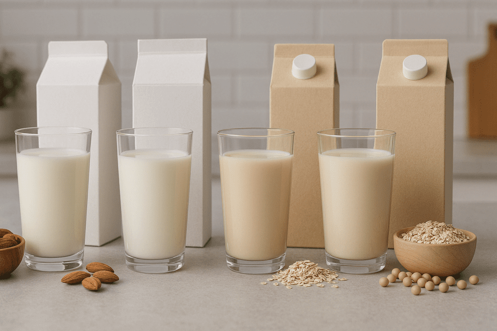 Various types of milk including whole, skim, almond, oat, and soy arranged with ingredients on a kitchen counter, illustrating whether is milk good for weight loss.