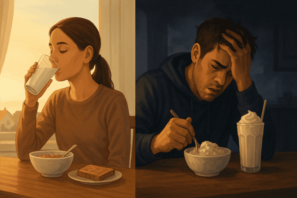 Split scene showing a calm morning with a woman drinking milk at breakfast and a stressed man eating ice cream at night, exploring behavioral patterns related to the question is milk good for weight loss