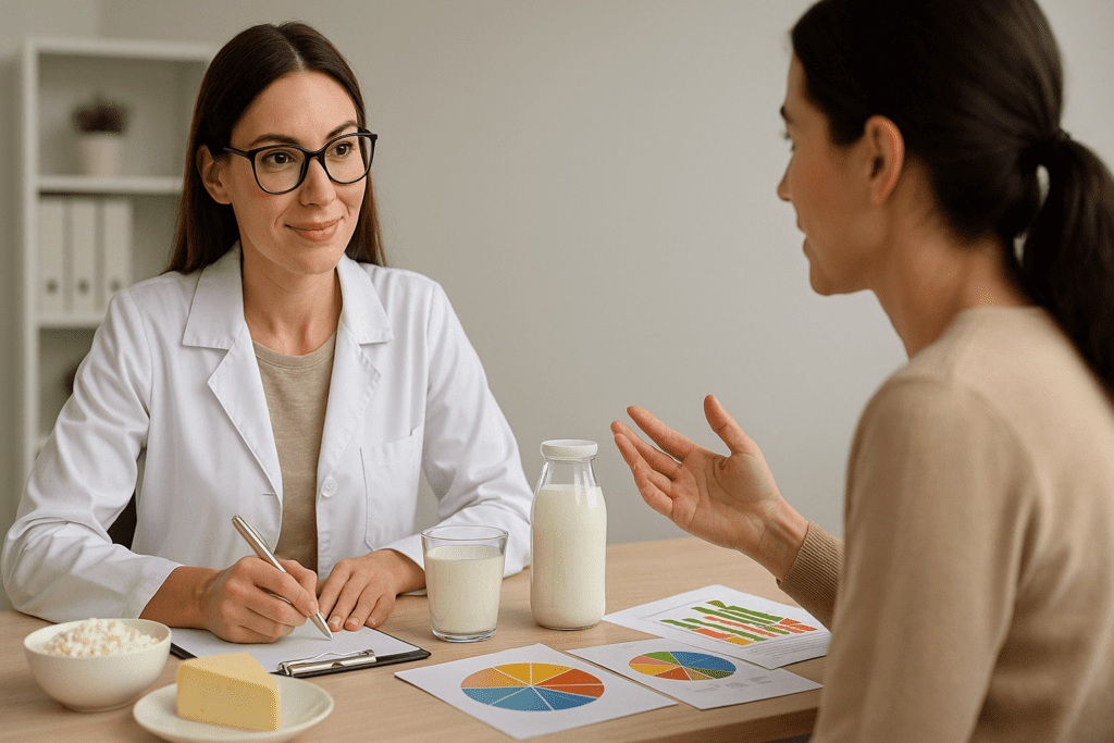 Dietitian advising a client about dairy nutrition with milk, cheese, and charts on the table, exploring is milk good for weight loss.
