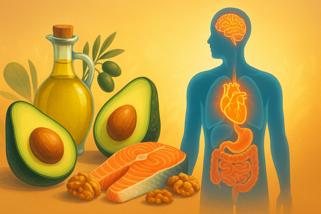 Human silhouette with glowing brain, heart, and gut surrounded by foods rich in healthy fats like avocado, salmon, walnuts, and olive oil