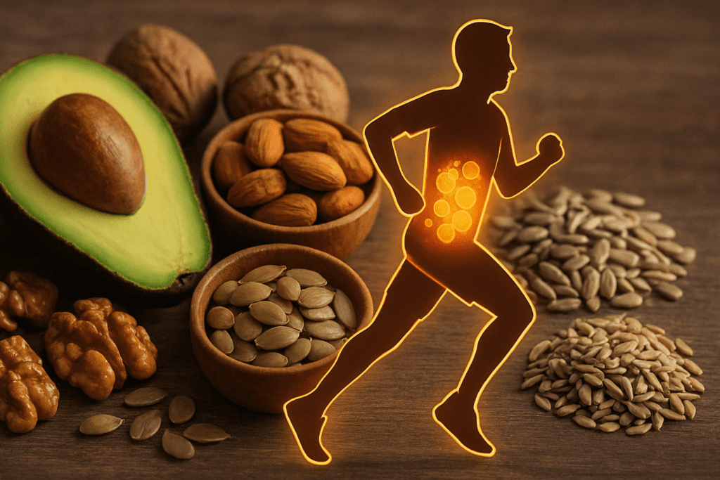 Runner with glowing fat stores jogging past avocado, almonds, and seeds, symbolizing energy from healthy fats