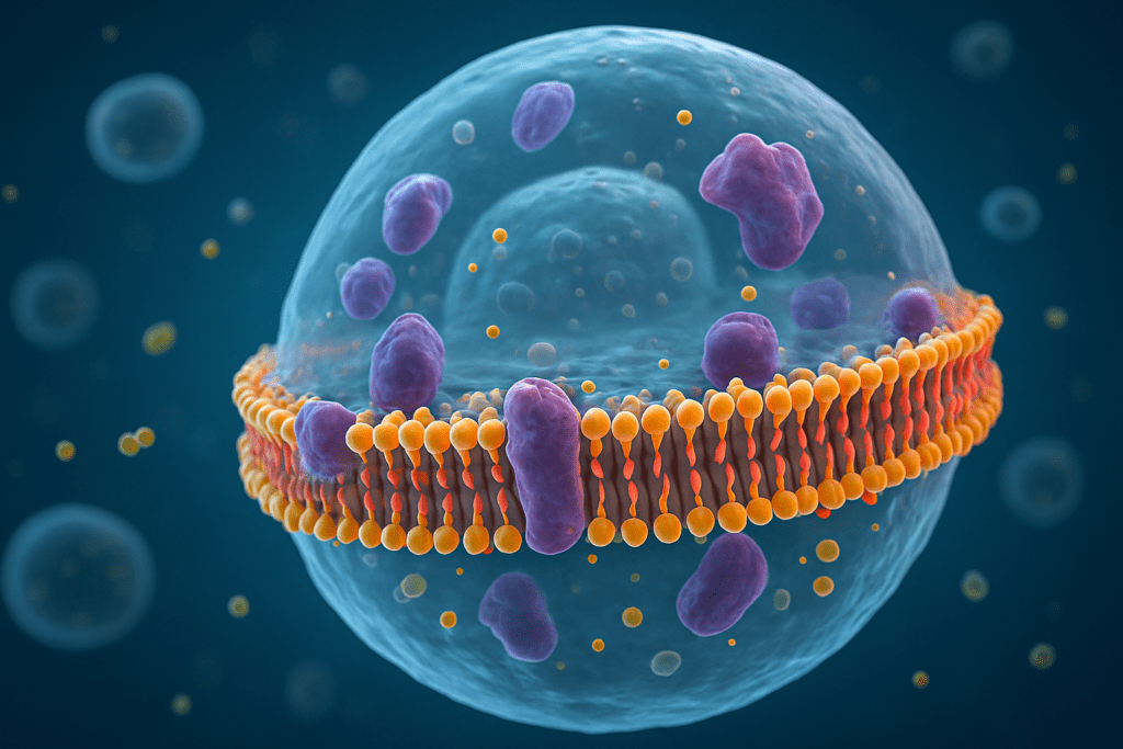 3D rendering of a human cell membrane showing phospholipid bilayer, embedded proteins, and cholesterol molecules representing the structural role of healthy fats.