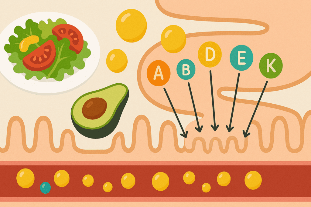 Diagram showing how healthy fats like avocado and olive oil help absorb fat-soluble vitamins A, D, E, and K through the intestinal lining into the bloodstream.