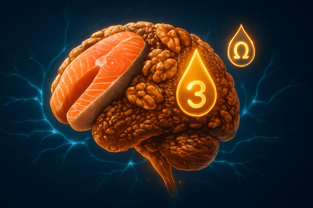 Futuristic concept of a human brain formed from healthy fats like salmon, walnuts, and flaxseeds with glowing neural connections representing cognitive function.