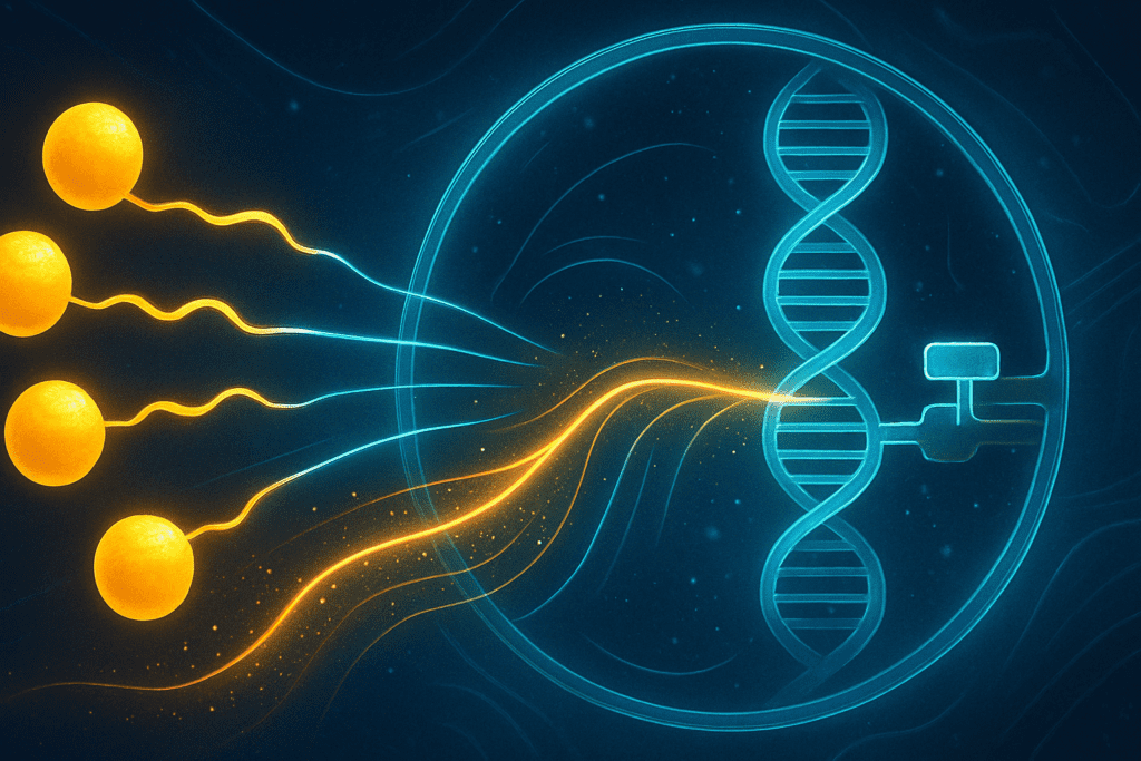 Abstract conceptual illustration of healthy fats interacting with DNA inside a cell nucleus, showing glowing pathways linking fatty acids to gene expression.