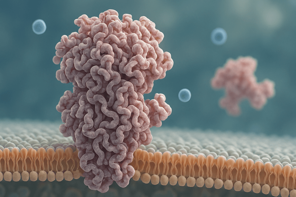 Folded protein structure interacting with a cell membrane, illustrating cellular signaling and answering which of the following is a function of protein?