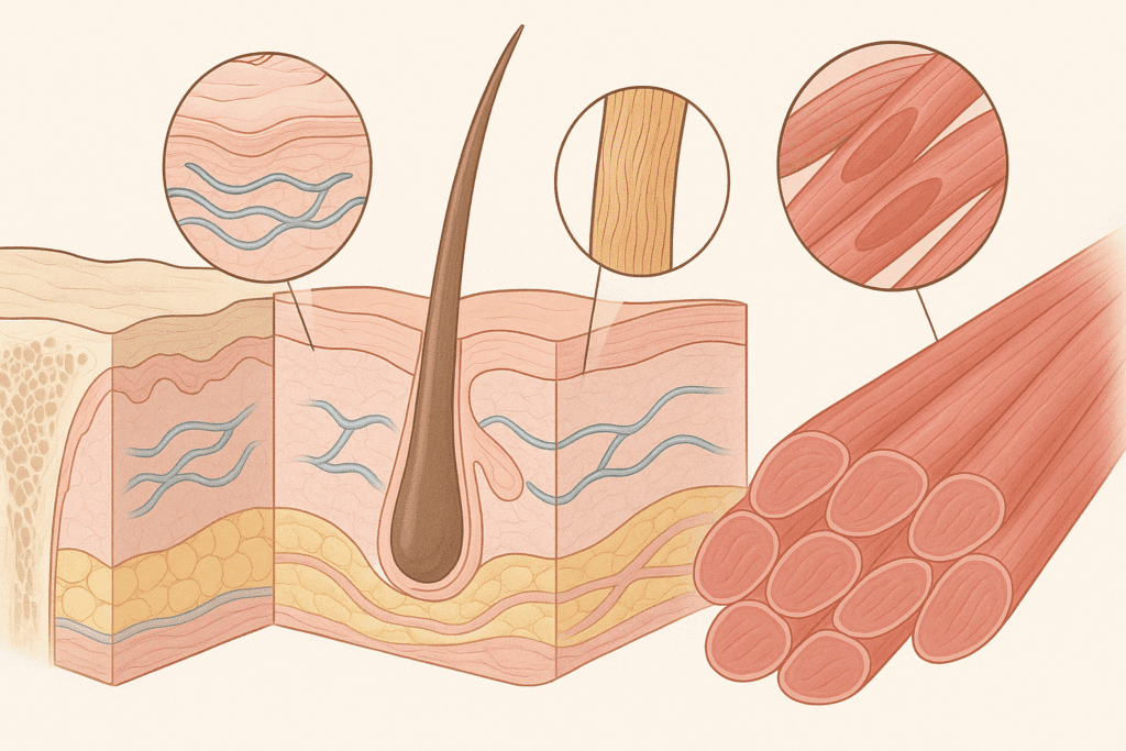 Anatomical illustration showing collagen in skin and bone, keratin in hair, and muscle fibers with actin and myosin, answering 'Which of the following is a function of protein?