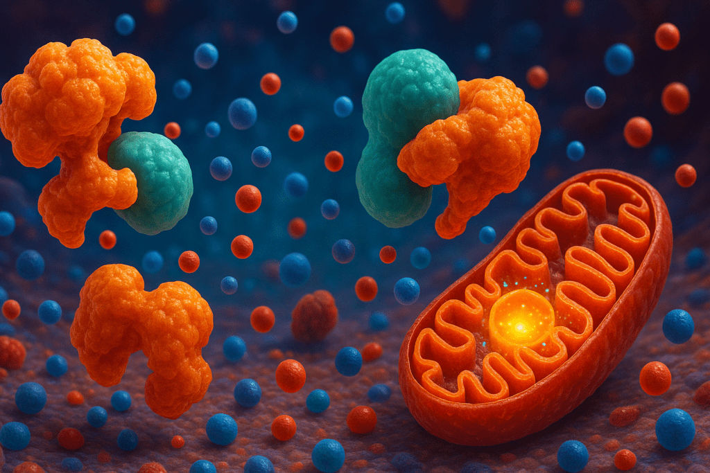 3D molecular illustration showing enzyme-substrate interactions and mitochondrial activity during digestion, supporting the concept: Which of the following is a function of protein?