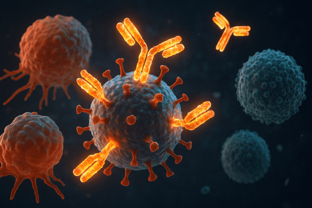Antibodies binding to a virus while immune cells attack, illustrating which of the following is a function of protein in immune defense.