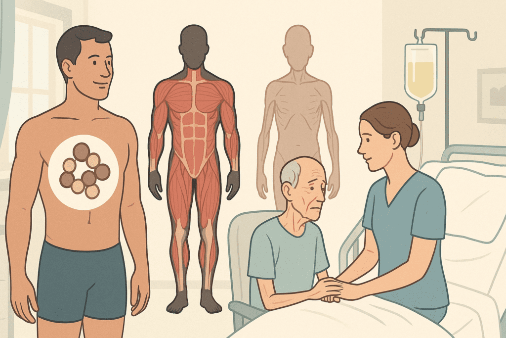 Visual comparison of a healthy man and an elderly patient with muscle wasting in a hospital setting, illustrating which of the following is a function of protein—supporting tissue maintenance and healing.