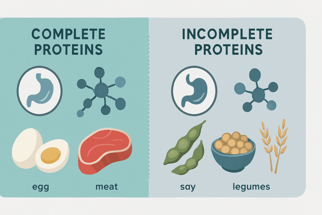 Infographic comparing complete and incomplete proteins with visual examples like eggs, meat, soy, legumes, and grains, illustrating digestibility and amino acid variety to explain which of the following is a function of protein?