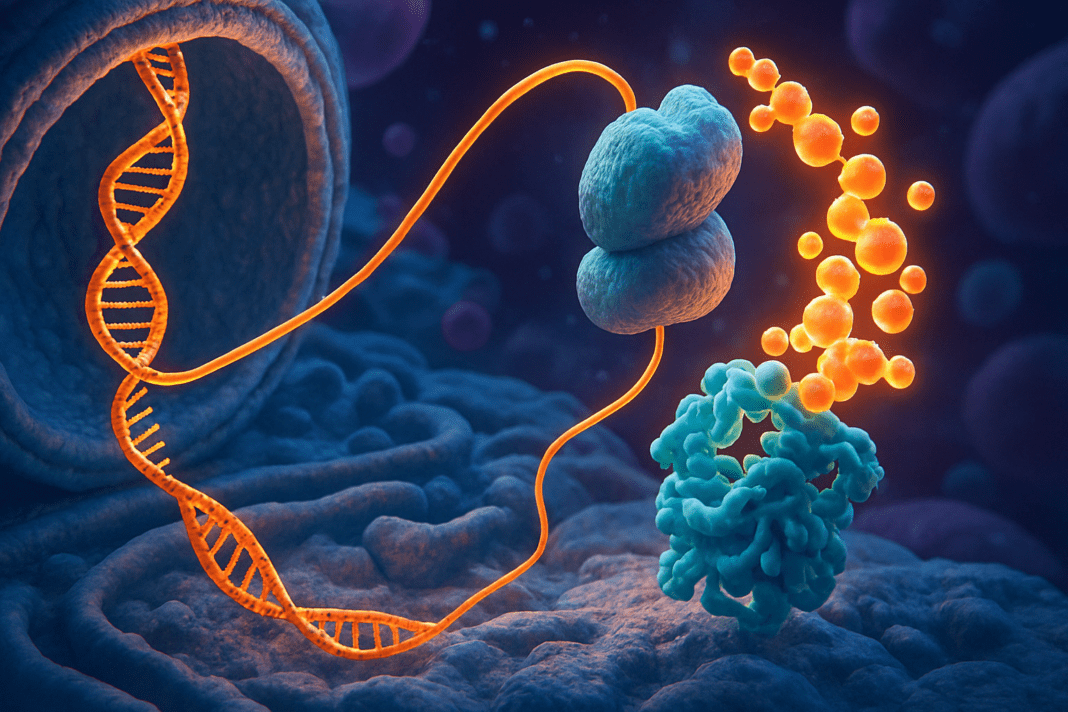 3D illustration showing how your body makes proteins, with DNA uncoiling, mRNA exiting the nucleus, and a ribosome forming a glowing protein chain.