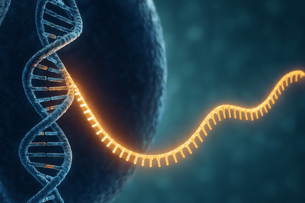 DNA strand unraveling with glowing mRNA forming and exiting the nucleus, showing how your body makes proteins at the molecular level