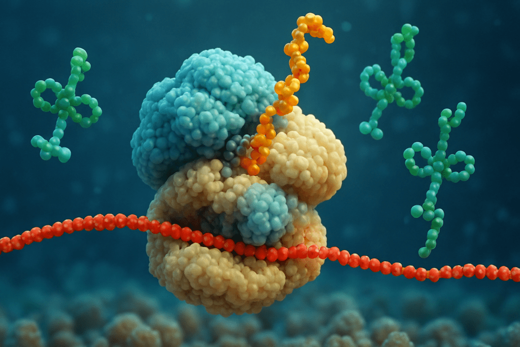 3D molecular visualization of a ribosome translating mRNA with tRNA molecules in the cytoplasm, illustrating how your body makes proteins.