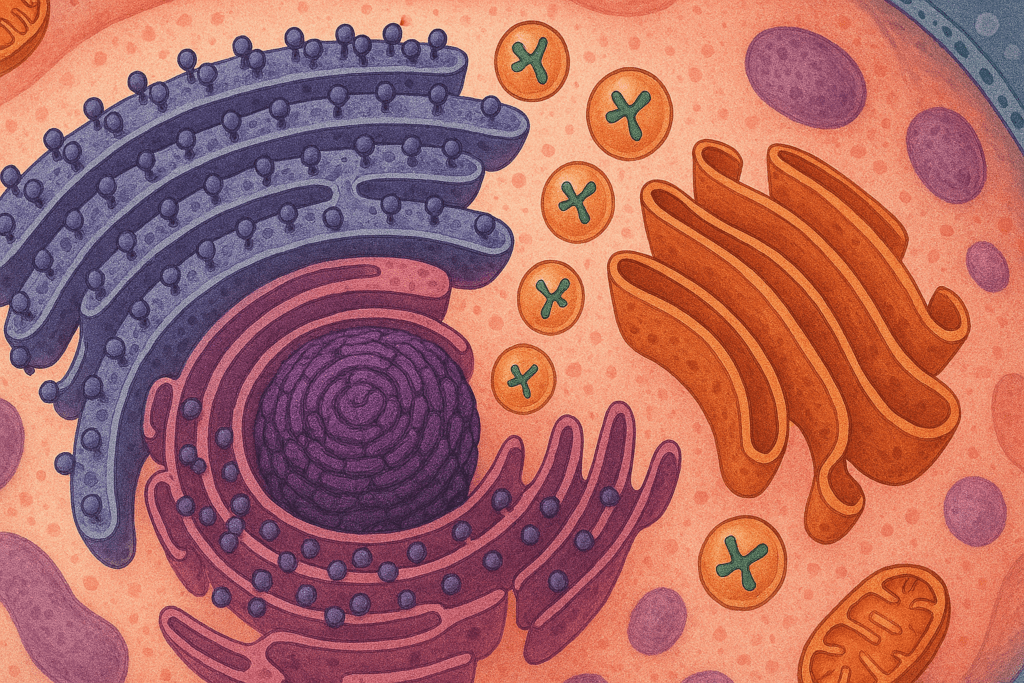 Stylized cross-section of a eukaryotic cell showing how your body makes proteins, with ribosome-studded rough endoplasmic reticulum, vesicles, and Golgi apparatus processing protein molecules.