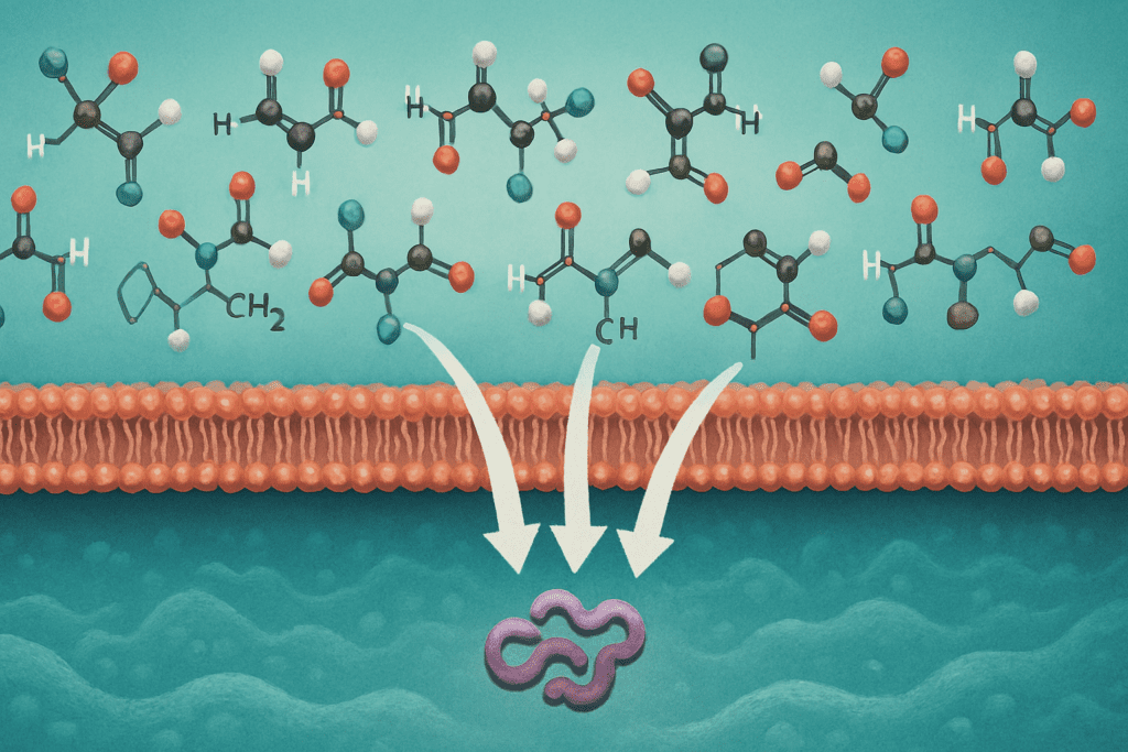 Amino acids floating near a cell membrane with arrows pointing into the cytoplasm, illustrating how your body makes proteins through molecular synthesis.