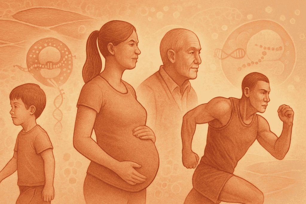 Conceptual illustration of how your body makes proteins across life stages, showing a child, pregnant woman, older adult, and athlete with muscle cells and cellular imagery in the background.