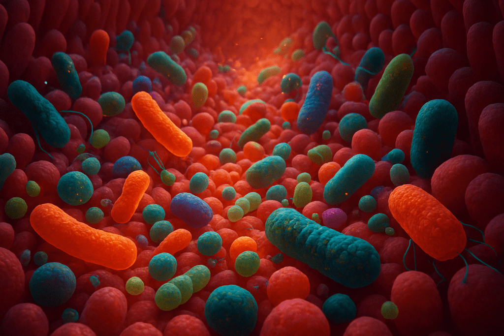 3D illustration of vibrant gut bacteria interacting with the intestinal lining, visually answering where is your gut at the microscopic level