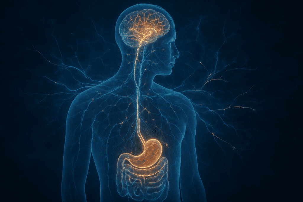 Conceptual illustration answering where is your gut by showing neural connections between the brain and glowing digestive system in a translucent human figure
