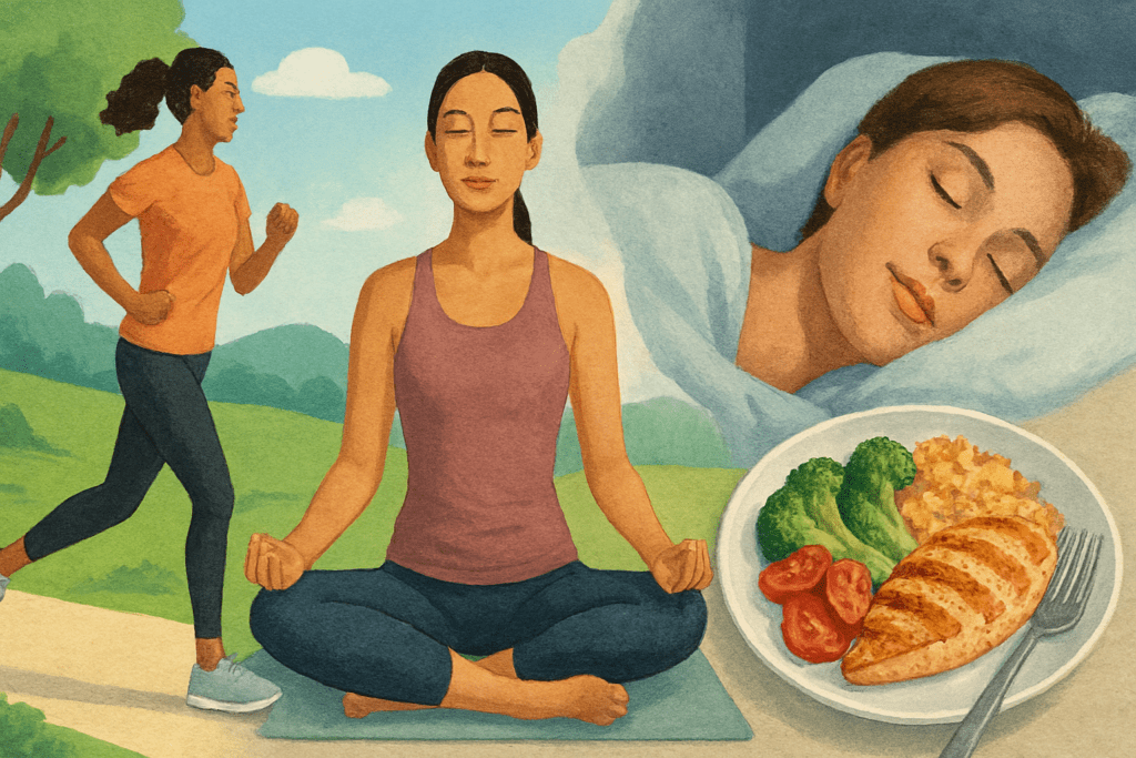Jogger, meditator, sleeping person, and healthy meal blended in a wellness collage illustrating lifestyle answers to "Where is your gut" health.