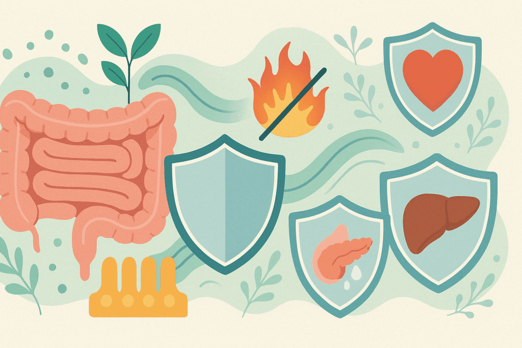 Modern infographic-style illustration showing where your gut connects to chronic disease prevention, with healthy organs shielded and inflammation reduced