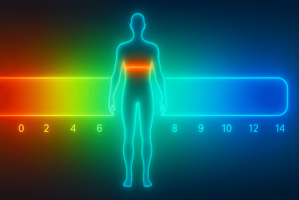 Color-coded pH scale with glowing human silhouette highlighting blood’s optimal range, illustrating how proteins regulate pH balance in the body.