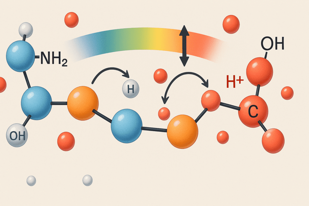 Molecular illustration showing how proteins regulate pH balance in the body through amino acid buffering interactions with hydrogen and hydroxide ions.