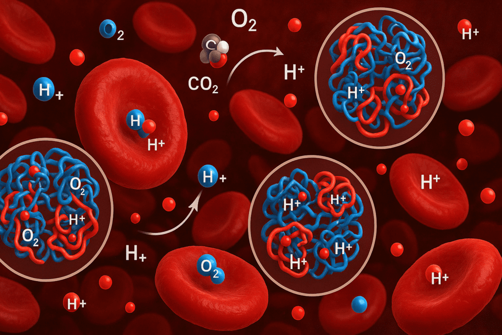 Red blood cells with hemoglobin molecules binding hydrogen ions and oxygen, illustrating how proteins regulate pH balance in the body.