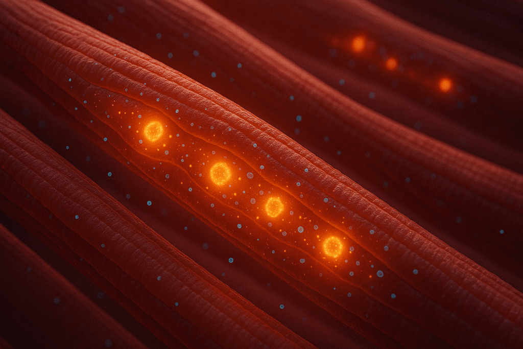 Muscle cells during intense activity showing intracellular proteins buffering hydrogen ions, illustrating how proteins regulate pH balance in the body.