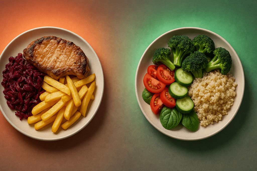 Two contrasting meals showing how proteins regulate pH balance in the body, with a meat-based acidic plate and a plant-based alkaline plate.