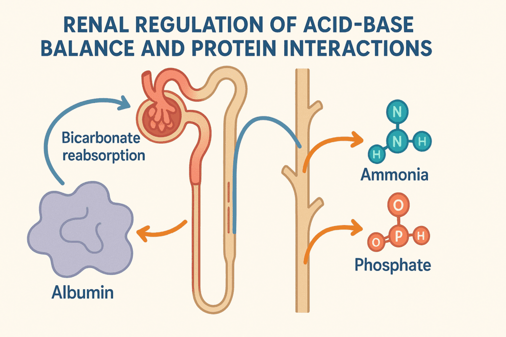 Scientific diagram showing how proteins regulate pH balance in the body through kidney functions like bicarbonate reabsorption and hydrogen ion secretion.
