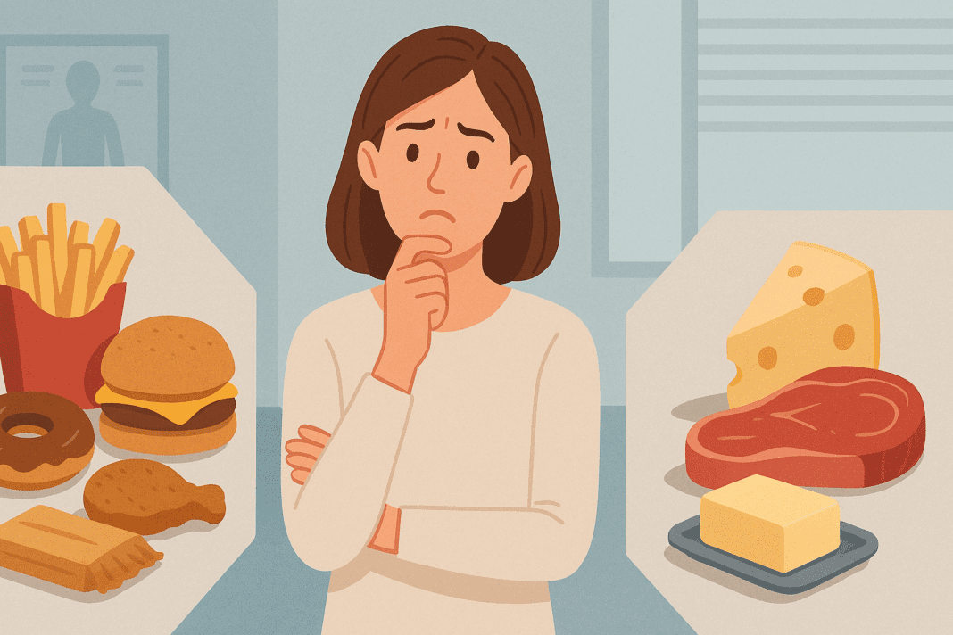 Puzzled woman choosing between foods high in trans fat or saturated fats in a clinical health setting.