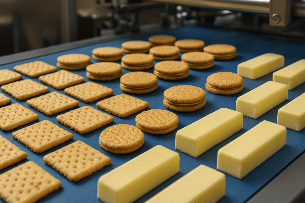 Industrial conveyor belt with uniform stacks of cookies, crackers, and margarine sticks symbolizing mass production of trans fat or saturated fats.